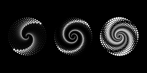 Set of white halftone dotted vortex shapes. Geometric art. Trendy design element for logo, tattoo, sign, symbol, web, prints, posters, social media, template, pattern, abstract backdrop
