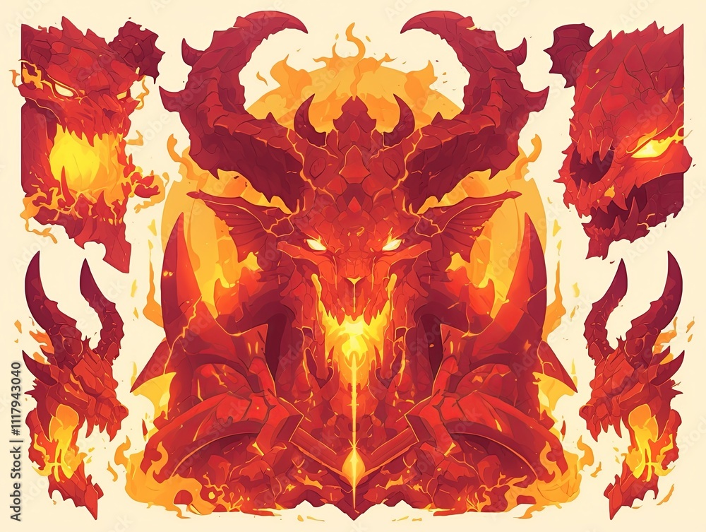Poster fiery demon character design with various expressions and poses.