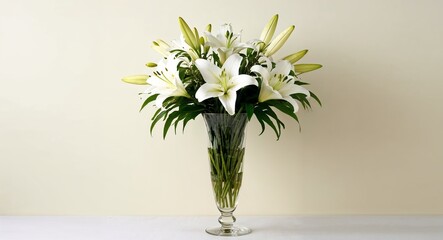 A tall glass vase with white lilies and greenery against a soft creamcolored background