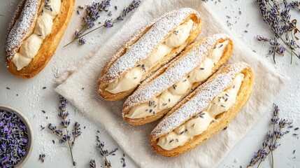 Rustic flat lay of Bavarian cream-filled eclairs on a linen napkin, surrounded by dried lavender and powdered sugar