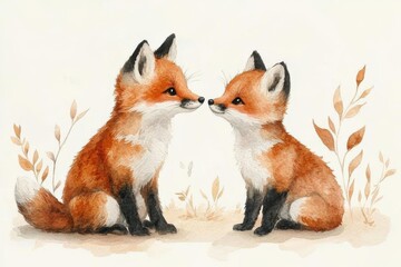 Obraz premium Two cute foxes facing each other among soft foliage, showcasing a whimsical and playful scene.