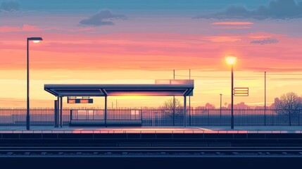 Fototapeta premium A serene train station at sunset, showcasing vibrant colors and a peaceful atmosphere.