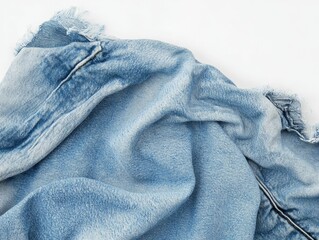 Light blue denim fabric, frayed edges, textured surface.