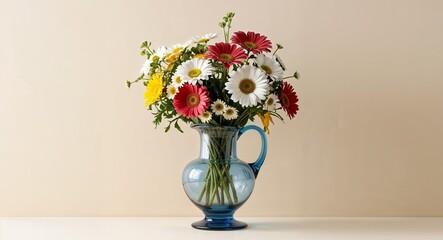 A traditional glass vase with a wide mouth holding a bouquet of mixed daisies set against a plain soft beige background