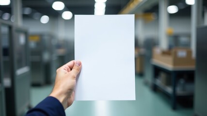 Hand holding white A4 sheet at factory