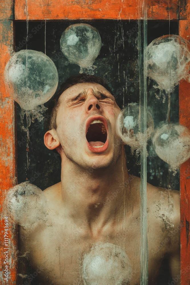 Poster overthinking. a man screams in anguish, surrounded by floating bubbles, evoking emotions of isolatio