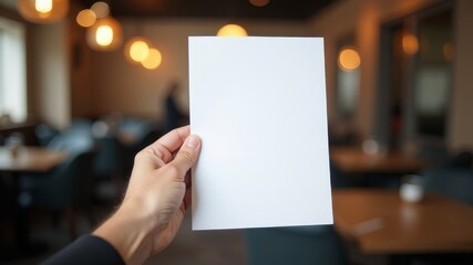 Hand holding white A4 sheet in restaurant