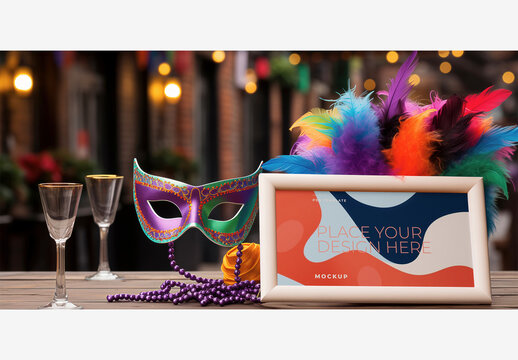 Carnival Billboard Mockup: Creative Picture Frame with Mask, Glasses, and Beads Display for Festive Inspiration