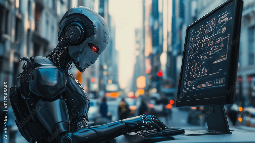 Poster robot working on a computer in a busy urban street during daylight