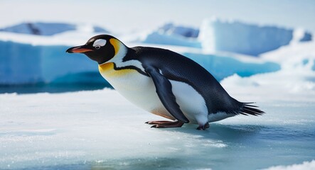 Fototapeta premium A waddling penguin sliding on its belly across icy terrain