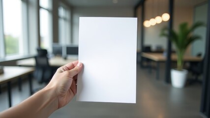 Hand holding white A4 sheet in office