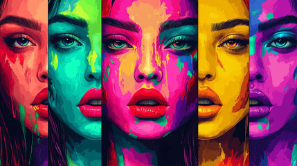 Obraz premium Holi festival poster with vibrant colorful portraits of women