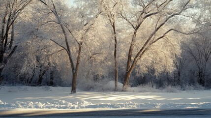 A serene winter landscape with frosted trees and a blanket of snow.