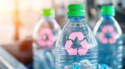 Recyclable plastic bottles on a conveyor, promoting environmentally friendly practices.