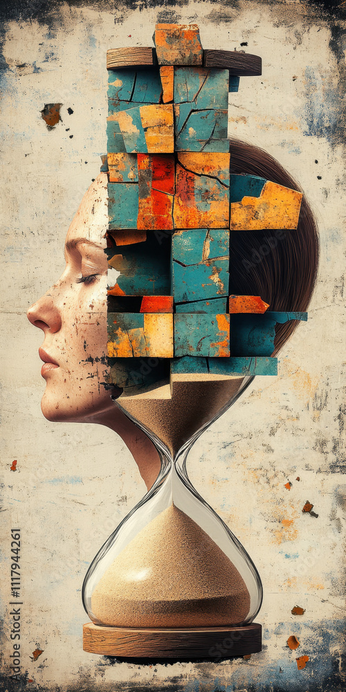 Poster overthinking. a surreal depiction of a head merging with an hourglass, symbolizing the passage of ti