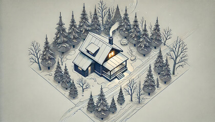 Wooden house, covered fluffy snow in middle of snowy forest, fir trees are decorated with sparkling ice crystals. Building Information Modeling, 3D design, BIM technology. Pencil sketch