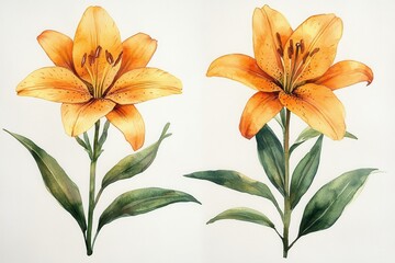 Two vibrant orange lilies with green leaves on a white background, showcasing botanical beauty.