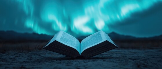 Open Book Under Night Sky with Northern Lights and Mountains