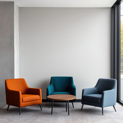 Contemporary Interior Design Featuring Stylish Furniture with Colorful Armchairs in a Modern Space Surrounded by Natural Light and Minimalistic Decor