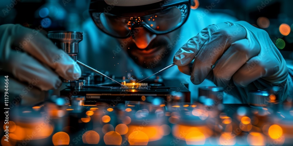 Poster scientist working on a microchip under a microscope with precision tools, surrounded by glowing oran
