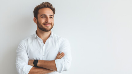 Confident young Caucasian male in a white shirt stands smiling, arms crossed against a clean white background.