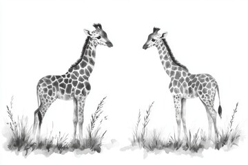 Obraz premium Two stylized giraffes standing in a grassy area, illustrated in monochrome.