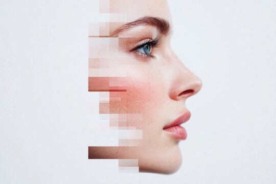 Woman face recognition technology transforming into pixels