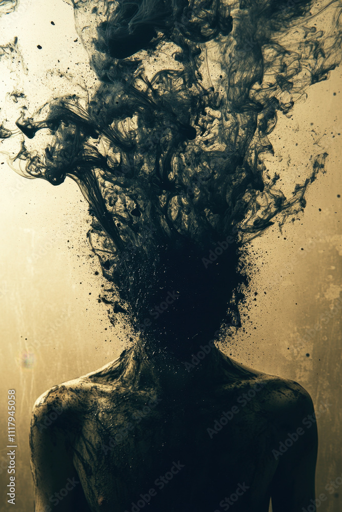 Poster overthinking. an abstract image of a figure with a head dissolving into dark, swirling smoke, symbol