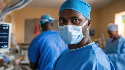 Focused surgeon in scrubs looks at camera during surgery.