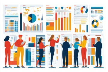 Fototapeta premium Team collaboration reviewing data analytics reports in office workspace modern design professional environment engaging perspective