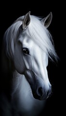 Elegant portrait of a white horse with flowing mane set against a dramatic black background