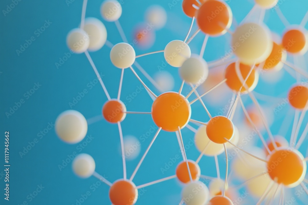 Poster 3d molecular structure visualization with connected spheres representing atomic bonds on blue