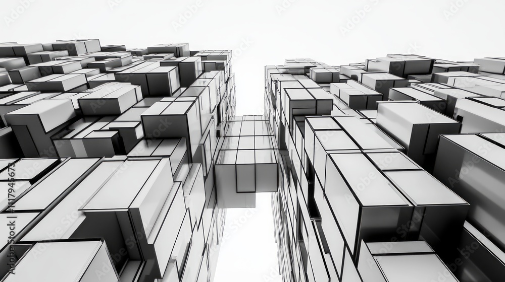 Poster low-angle view of abstract cubic structures reaching skyward, creating a futuristic, architectural d