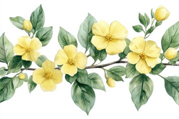 Fototapeta premium A watercolor illustration of yellow flowers and green leaves on a branch.