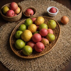 A collection of tropical fruits (starfruit, lychee, guava) on a bamboo tray.