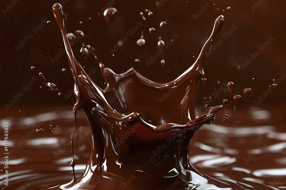 Poster close-up of a splash of liquid chocolate. chocolate rises up in the form of drops and jets, creating