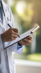 Healthcare professional analyzing patient medical records on labor day, male doctor at work