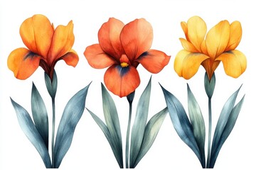 A watercolor illustration of three colorful flowers with green leaves.