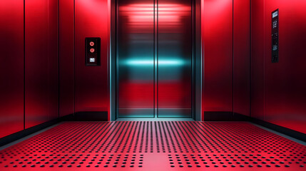 A sleek, modern elevator interior illuminated in a striking red light, featuring a perforated floor, inspiring a sense of modernity and futuristic design.