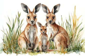 Fototapeta premium A watercolor illustration of three kangaroos in a grassy setting.