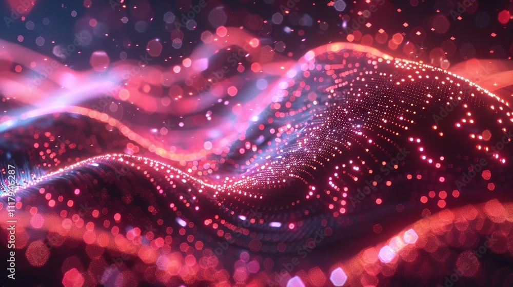 Poster abstract wave with moving dots and lines. flow of particles, technology background.