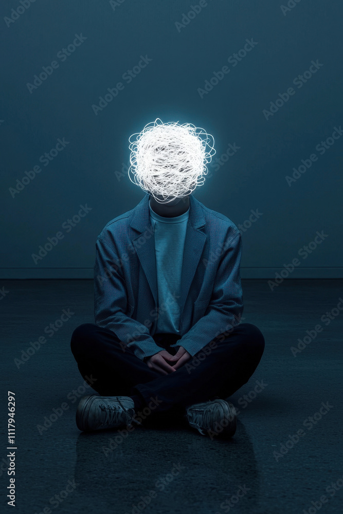 Poster overthinking. a person sits cross-legged in a dark space with a glowing, abstract light emanating fr
