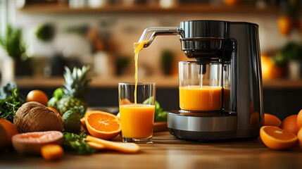 A juicer machine actively pouring fresh orange juice into a clear glass, surrounded by various fresh fruits and vegetables on a wooden countertop in a cozy kitchen.