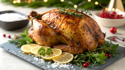 Roast turkey Christmas dinner 2025 recipe photo: festive homemade tender meat with vegetables, herbs, and garnish. Juicy, smoky, seasonal feast. Rustic holiday menu with Christmas lights and happiness