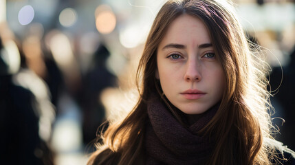 Obraz premium Einsame, traurige Frau inmitten verschwommener Menschenmenge, symbolisiert Depression und Isolation in der Großstadt, emotionales Portrait