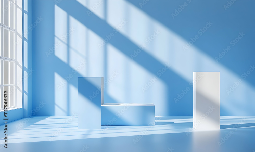 Poster serene minimalist studio backdrop with three light blue and white display platforms, bathed in soft 