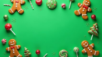 Green template with empty center prepared for text, surrounded by gingerbread and lollipops, New Year's atmosphere.