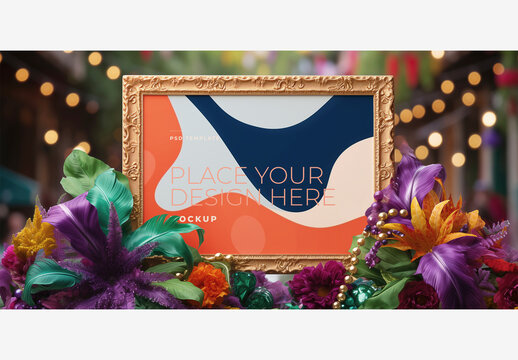 Carnival Billboard Mockup: Enchanting Picture Frame with Flowers, Beads & Lights for Creative Design Display