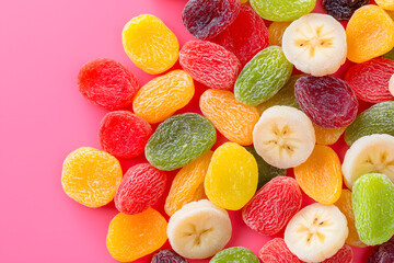 Mix of dried fruits isolated on white background.
Various nuts, dried fruits, and candied fruit on a white background