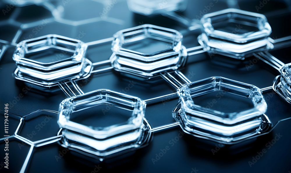 Poster abstract image of interconnected hexagonal glass structures, representing network, technology, or mo